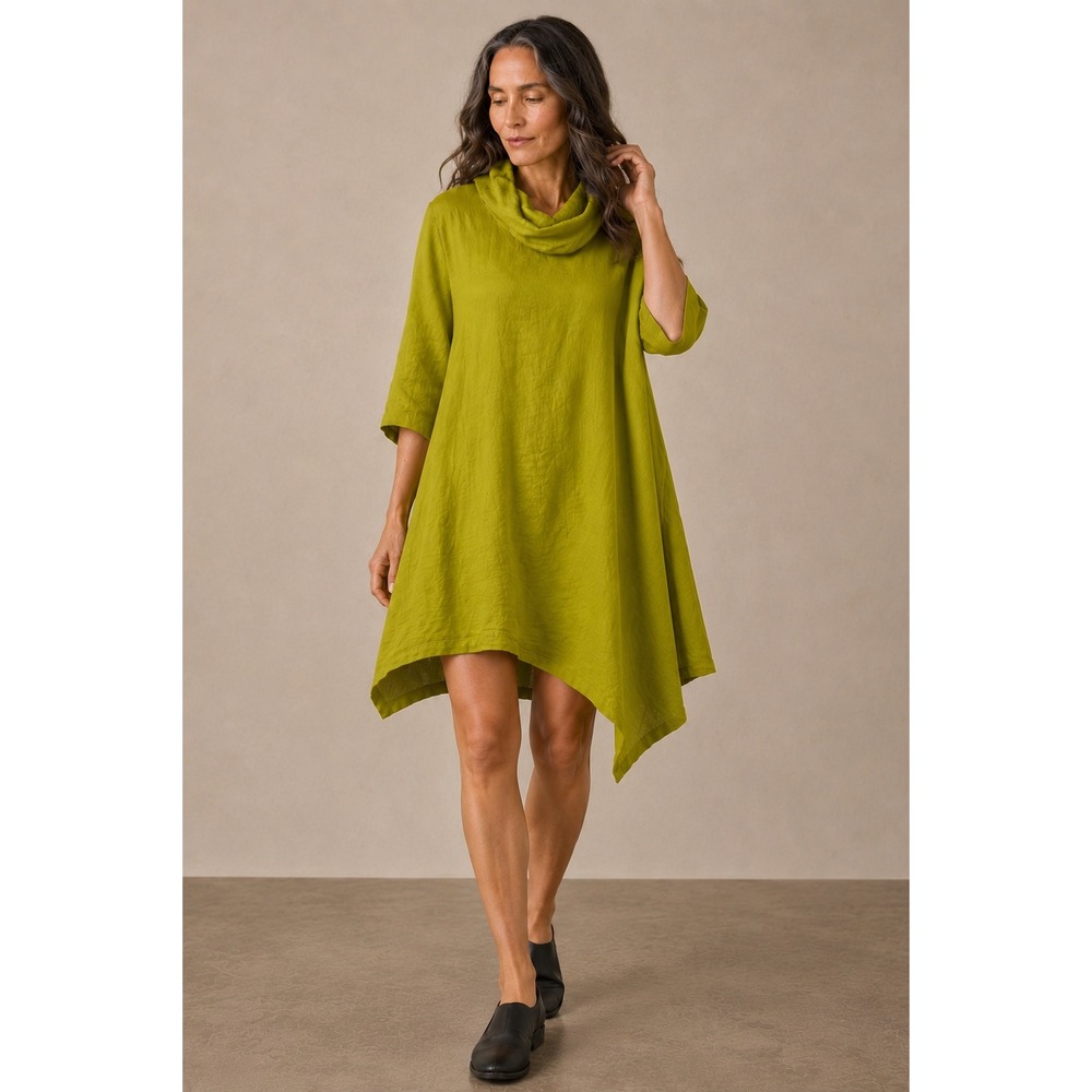 Bryn Walker Tunic Mini Dress Sz M Lime Green Cowl Neck Asymmetrical 100% Linen